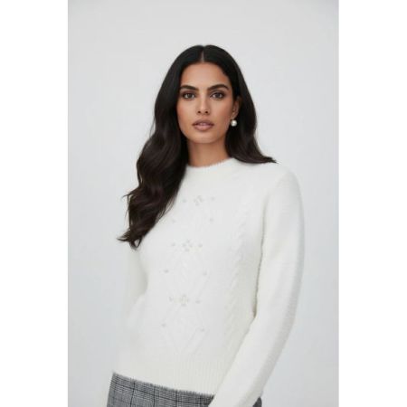 MAGLIA CON PERLE E TRECCIA 058 PANNA